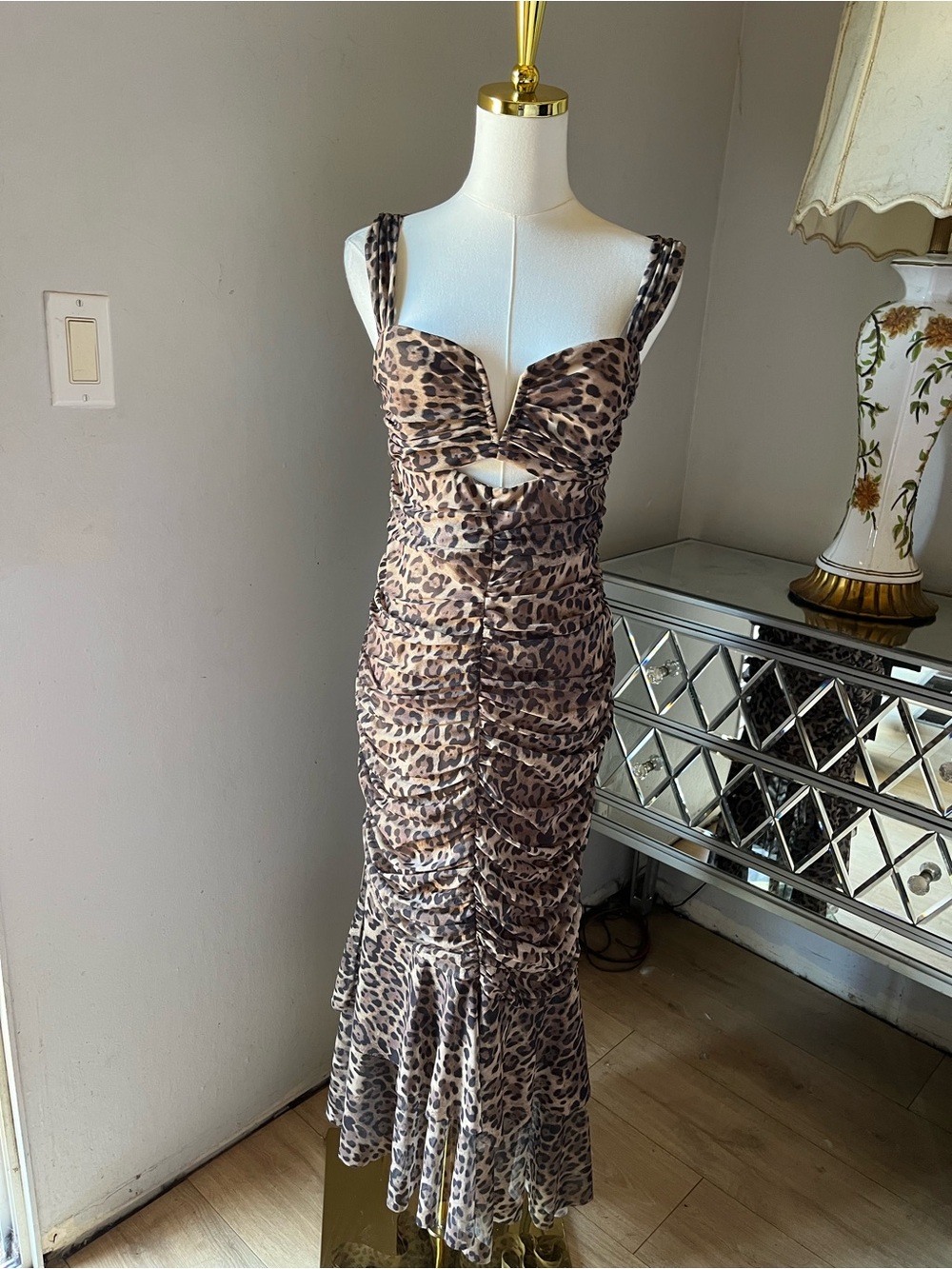 Betsey Johnson Leopard-Print Ruched Cutout Midi Dress in Leopard